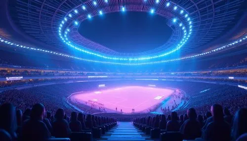 Modern stadium, blue violet color scheme, futuristic architecture, sleek lines, neon lights, vibrant LED displays, dynamic crowd seating area, VIP lounge, glass ceiling, steel beams, concrete walls, b