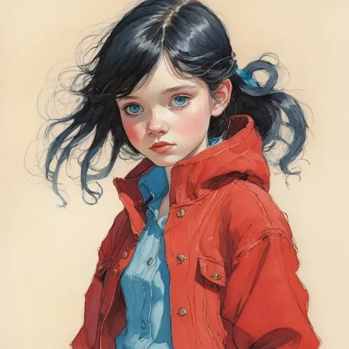 kommuna,girl portrait,young girl,red coat,portrait of a girl,girl drawing,Illustration,Paper based,Paper Based 17