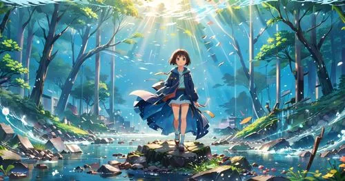 anime girl with long hair in blue gown in the woods near water,fairy forest,forest background,fairy world,enchanted forest,alfheim,forest glade,holy forest,wonderland,forest of dreams,fairie,forest,fo