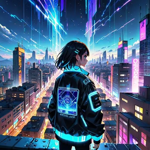 cyberpunk,jacket,cyber,futuristic,above the city,would a background,city lights,tokyo,tokyo city,cityscape,aesthetic,beyond,cyberspace,electric,voltage,electronic,vapor,neon light,ultraviolet,dystopia,Anime,Anime,Cartoon