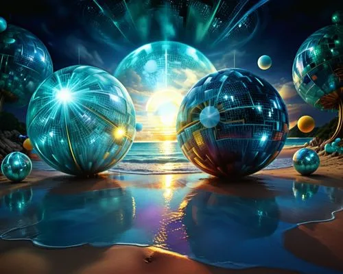 amazing  fractal,a group of large glass balls sitting on top of a sandy beach,spheres,blue spheres,christmas balls background,glass balls,prism ball,glass sphere,Illustration,Realistic Fantasy,Realist