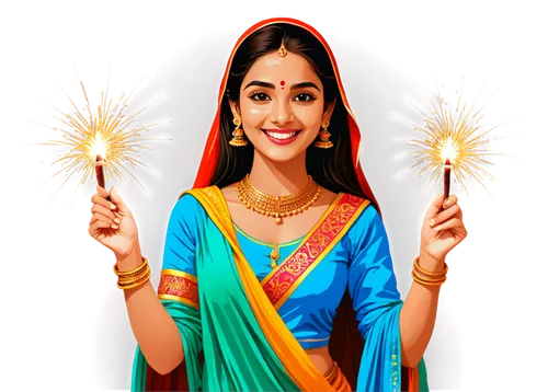 Diwali festival, Indian girl, free spirit, joyful smile, bright eyes, colorful traditional clothes, golden jewelry, henna hands, diyas lit, sparklers in hand, festive fireworks background, vibrant col