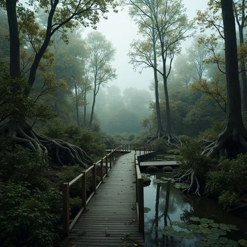 wooden bridge,forest lake,riverwood,swamps,bayou,foggy forest,swamp,mirkwood,swampy landscape,wetland,the forest,forest path,forest landscape,flooded pathway,wetlands,boardwalks,elven forest,the woods,germany forest,the mystical path