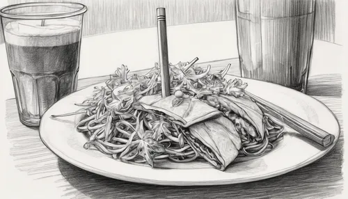 Write a review of Den Den Cafe Asiana's delicious food and drinks.,daikon,japanese noodles,yakisoba,udon,soba,anchovy (food),food line art,singapore-style noodles,soba noodles,still life with onions,c