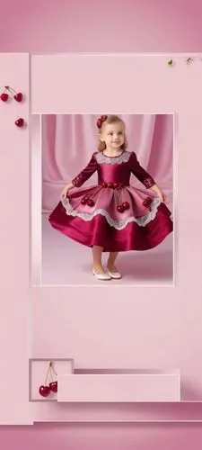 3d fashion drawing of satin dress for kids with sequin on the blouse with three lace layers with burgundy . first layer is light pink with cherries drawn on it.second layer is burgundy.third layer is 