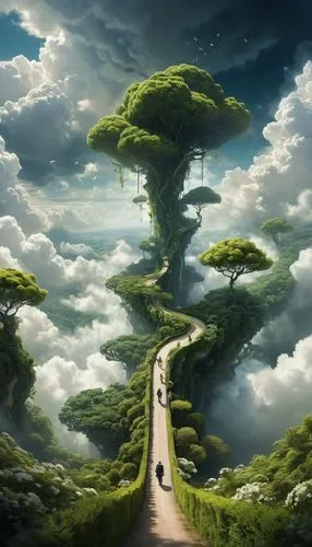 tree top path,road of the impossible,forest road,the mystical path,cloudstreet,mushroom landscape,Conceptual Art,Fantasy,Fantasy 11