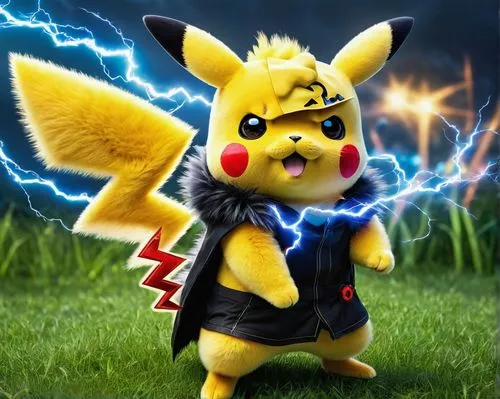 Macho Pikachu, yellow fur, red cheeks, lightning bolt tail, energetic pose, standing on one leg, electric sparks around, bright blue eyes, soft fluffy ears, green grassy background, sunny day, warm li