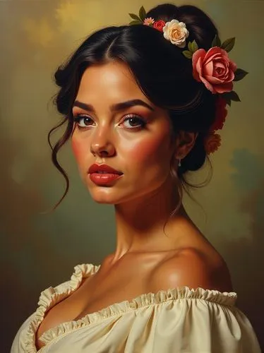 Hyper-realistic oil painting portrait. Medium shot. A beautiful full figured, biracial Miss Liberty with airbrushed makeup, large amber colored eyes with long lashes, hair in a updo with floral adornm