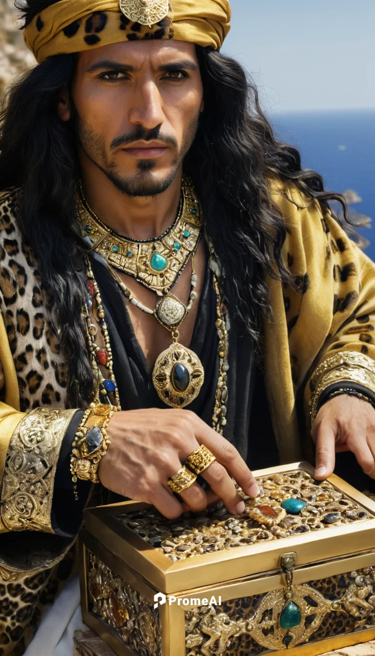 coast of the Greek coast, a Berber merchant in expensive golden clothes with sleeves decorated with leopard skin, gold jewelry, long black hair, holds an open box in his hands, inside are precious sto