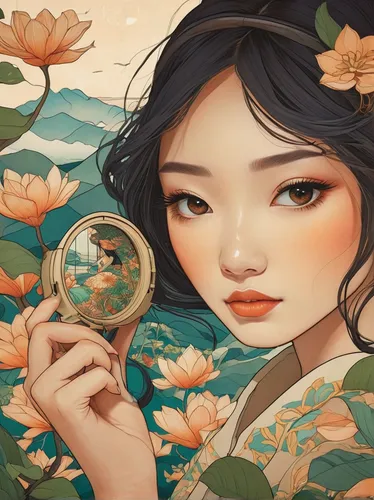 magnifying glass,magnify glass,reading magnifying glass,crystal ball,magnifying,porthole,asian vision,looking glass,circle shape frame,magnifying lens,mirror in the meadow,junshan yinzhen,japanese floral background,finding,meticulous painting,fantasy portrait,rosa ' amber cover,coffee tea illustration,oriental painting,illustrator,Illustration,Japanese style,Japanese Style 15