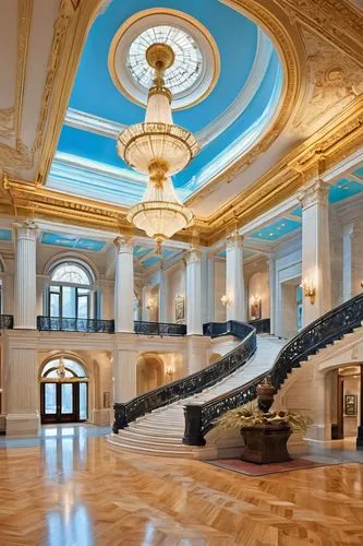 Montreal Museum, neoclassical architecture, grand staircase, white marble columns, ornate details, glass ceiling, natural light, elegant chandeliers, polished wooden floors, exhibit halls, artwork dis