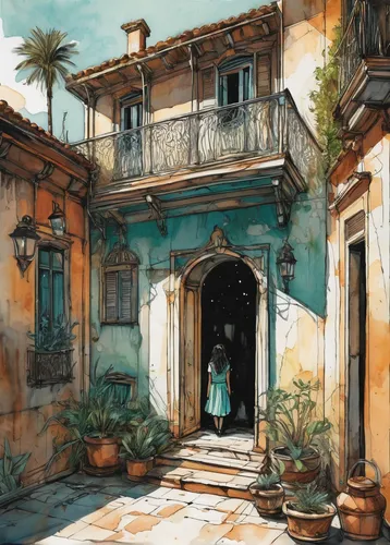 watercolor sketch,old havana,old home,watercolor shops,watercolor,riad,stone town,venetian,watercolor tea shop,watercolor cafe,watercolor background,hacienda,watercolors,watercolor painting,mediterranean,water color,souk,facade painting,old city,house painting,Illustration,Realistic Fantasy,Realistic Fantasy 23