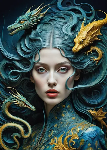 fantasy art,fantasy portrait,blue enchantress,medusa,amano,merfolk,chinese art,gold foil mermaid,the zodiac sign pisces,siren,the enchantress,fantasy picture,fantasy woman,faery,mystical portrait of a girl,dryad,mermaid background,sci fiction illustration,oriental princess,faerie,Illustration,Realistic Fantasy,Realistic Fantasy 15