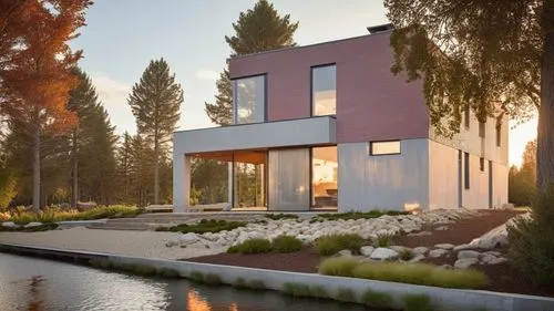 As the sun begins to set, a cozy fireplace fills the sky, casting a warm shade of red. The building's design is framed by vibrant shades of red and orange, with intricate details etched into its walls