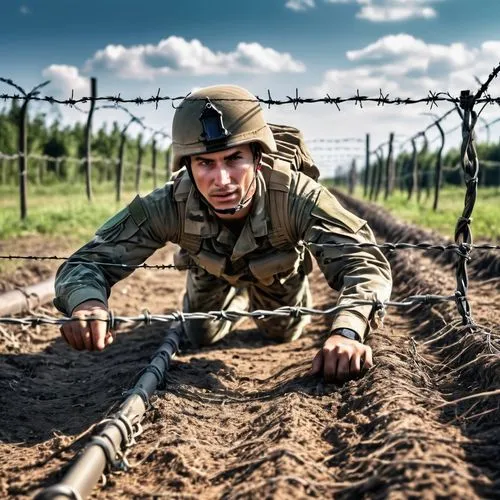 military exercise barbelé, un militaire qui rampent en dessous,panzertruppe,ribbon barbed wire,panzergrenadier,barbed wire,laverdure,artilleryman,infantryman,entrenching,soldaten,oberstleutnant,conscr