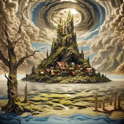 fantasy landscape,david bates,fantasy art,fantasy picture,an island far away landscape,3d fantasy,el salvador dali,fantasy world,mushroom island,church painting,jrr tolkien,surrealism,world digital painting,floating island,witch's house,mushroom landscape,alchemy,dream world,cloud mountain,cartoon video game background