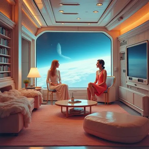 spaceship interior,ufo interior,sky space concept,sky apartment,on a yacht,great room,Illustration,Realistic Fantasy,Realistic Fantasy 10