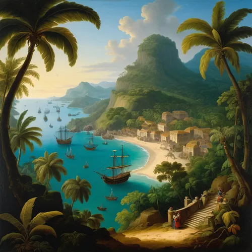 haiti,an island far away landscape,coastal landscape,landscape with sea,dominica,the caribbean,carribean,jamaica,slave island,tahiti,robert duncanson,south pacific,tropical sea,beach landscape,sea landscape,monkey island,caribbean sea,capri,caribbean,saint martin,Art,Classical Oil Painting,Classical Oil Painting 33