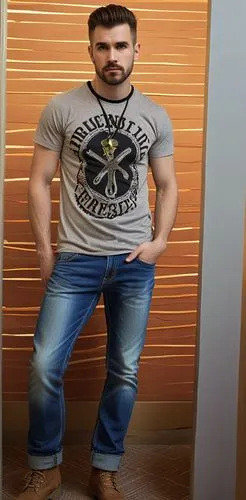 Handsome, masterpiece, Man looking seriously at camera wearing band t-shirt, jeans and boots,young man in a shirt standing beside a closet,emraan,natekar,jadeja,jev,mutairi,gautam