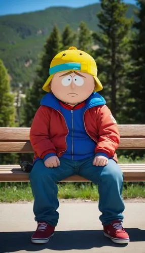 mountain fink,pubg mascot,gnome,bart,peanuts,bansko,recess,peter,television character,bob,man on a bench,moc chau hill,alaska,boy,mini e,sit,johnny jump up,gap kids,animated cartoon,child is sitting,Illustration,Japanese style,Japanese Style 12