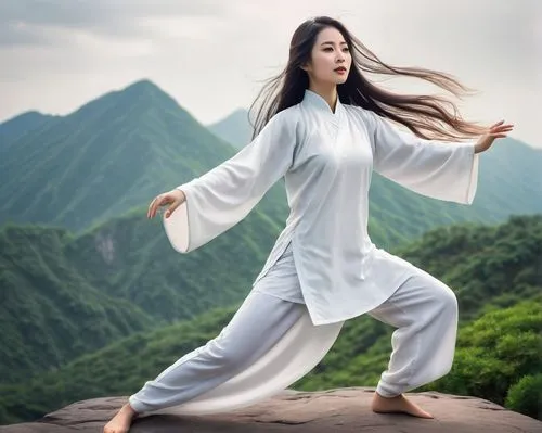 very beautiful charming Chinese woman in white, practicing Tai Chi on the top of the mountain, beautiful green expressive deep eyes, beautiful thin lips, beautiful long lush hair, happy,qi gong,taijiq