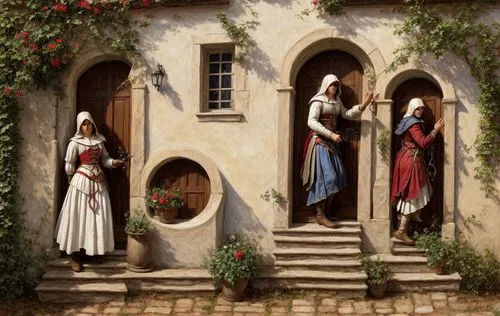 the threshold of the house,woman house,pilgrims,candlemas,nuns,the annunciation,idyll,garden door,carolers,church painting,way of the roses,cottage garden,medieval,florists,medieval street,flower delivery,rosebushes,medieval architecture,accolade,woman hanging clothes,Game Scene Design,Game Scene Design,Renaissance