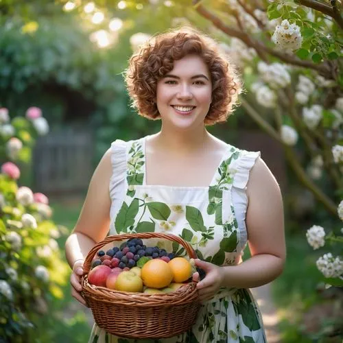 Cute chubby woman, smiling face, rosy cheeks, bright brown eyes, curly short hair, light makeup, sweet expression, flowy floral dress, white apron, holding a basket of fruits, standing in a lush green