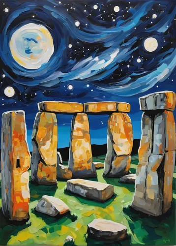 """Stonehenge on a starry night. Made it following a """"Paint with Jane"""" video, Acrylic Painting by Donna Léger""",standing stones,megaliths,stonehenge,stone circles,background with stones,stone c