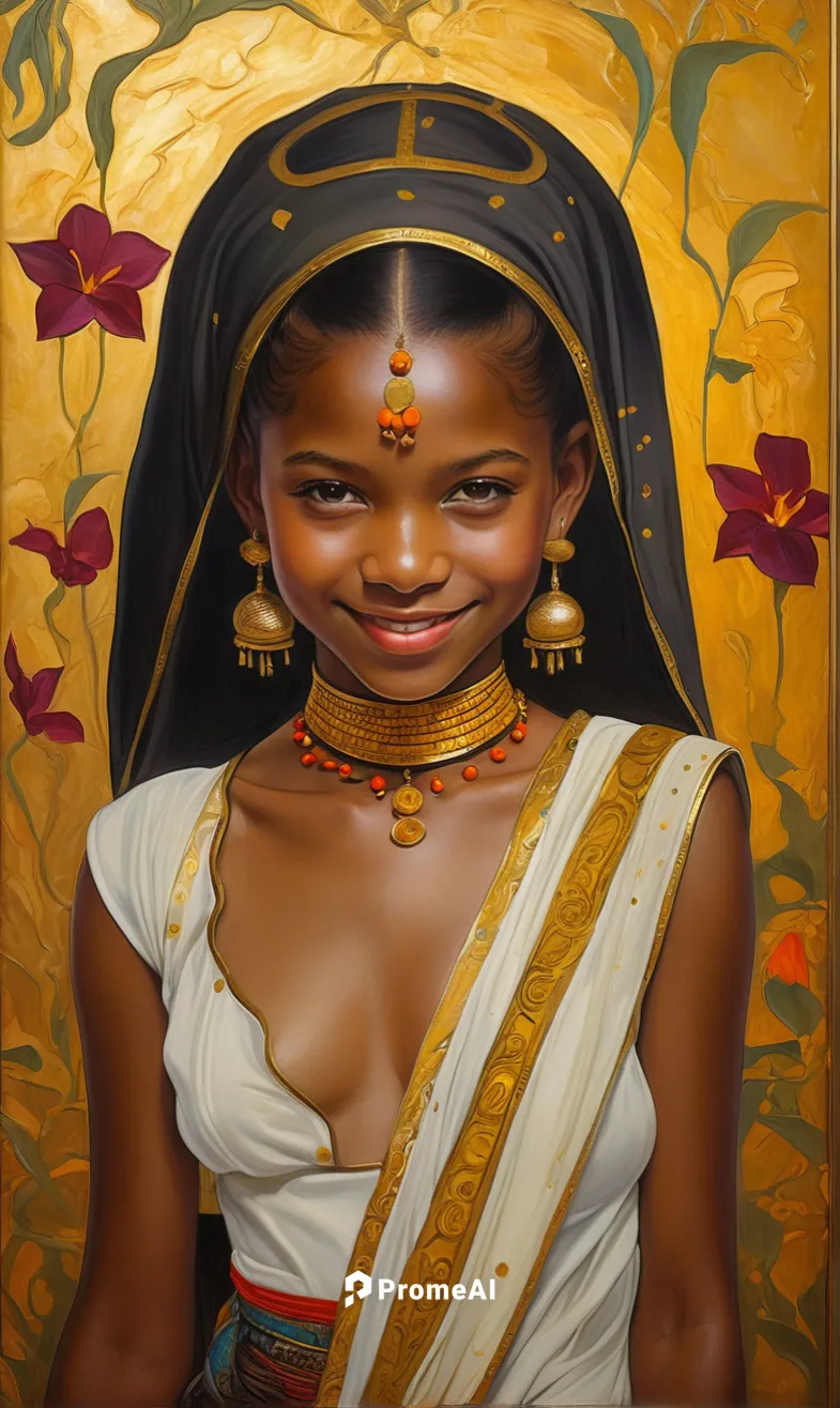 , Sfumato and chairoscuro Painting, jamaican girl smile in middle east, best quality, interacting with uncharted dungeon environment, picking exotic flowers, marigold, orchids, iris, vines, dynamic en