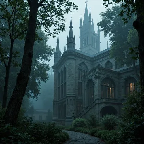 haunted cathedral,gothic church,forest chapel,ravenloft,theed,rivendell,fairy tale castle,house in the forest,neogothic,fairytale castle,briarcliff,castle of the corvin,ghost castle,haunted castle,witch's house,cathedral,monastery,gothic,drachenfels,gothic style