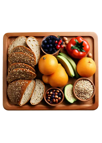 Healthy food, colorful arrangement, fresh fruits, juicy vegetables, whole grain bread, nutritious nuts, seeds, dried fruits, wooden table, warm lighting, 3/4 composition, shallow depth of field, vibra