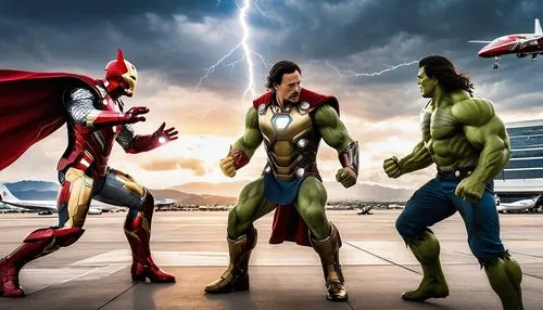 On one side are Loki and Thor and on the other side are Iron Man and Hulk. These four are fighting. In the background is Los Angeles airport. Many airplanes are blasting and lightning is striking.,two