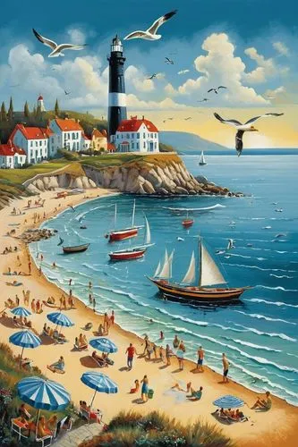 lighthouses,beach landscape,seaside resort,coastal landscape,mesdag,seaside country,sea landscape,nestruev,coville,albena,landscape with sea,lighthouse,ravensburger,summer beach umbrellas,art painting,espinho,fishing boats,santacruz,donsky,mostovoy,Illustration,Realistic Fantasy,Realistic Fantasy 40