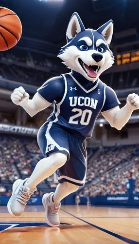 UConn Husky, Bobblehead, cartoon style, big head, oversized sunglasses, athletic wear, blue and white jersey, sneakers, basketball court, wooden floor, bright arena lights, dynamic pose, jumping high,