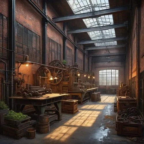 Industrial-style factory, architectural iron company, large metal gates, intricate iron fences, brick walls with ivy, rusty old machinery, scattered tools on workbenches, rows of metal pillars, high c