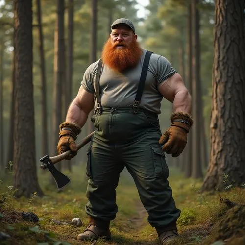 Huge muscular angry ginger bearded man with short beard in rage in stocking cap with unibrow in gray T-shirt in black suspenders in dark green pants in the pine tree woods holding a pic axe in brown g