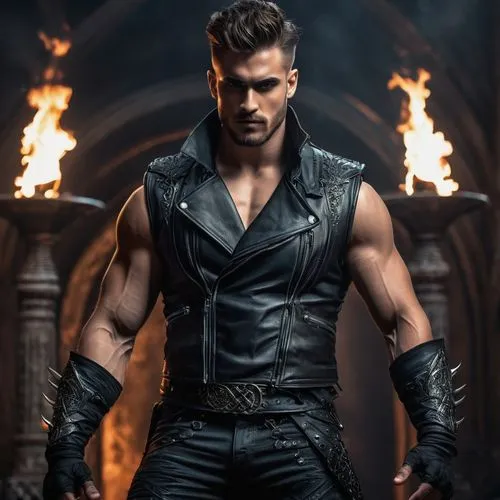 a son of Hades as a full god, he looks to be in his 20s. wearing leather pants, leather vest, black metal bracers, he is quite muscular, ,kellan,agron,gladio,northman,daemon,smouldering torches,jace,h