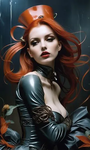 latex lower dress ,a woman with long hair and black leather dress,bloodrayne,madelyne,melisandre,sirenia,black widow,epica,Illustration,Realistic Fantasy,Realistic Fantasy 16