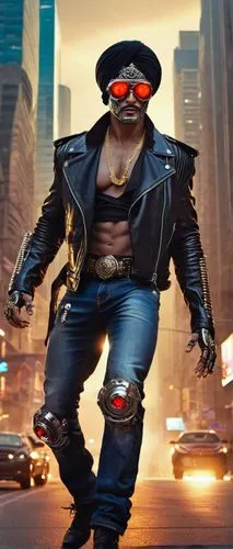 Bollywood Terminator, robotic figure, shiny metallic body, glowing red eyes, Indian-style turban, golden jewelry, intricate henna designs on hands, futuristic sunglasses, leather jacket, denim jeans, 