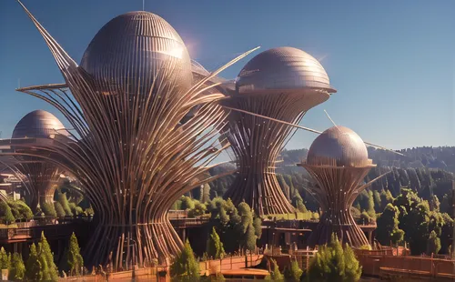 biospheres,futuristic architecture,cube stilt houses,arcology,ecotopia,cardassia,futuroscope,futuristic landscape,ringworld,darwinia,solar cell base,treehouses,heatherwick,ordos,ecovillages,spires,uto