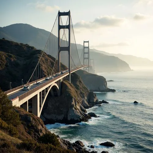 Scenic coastal bridge, gentle ocean waves, salty sea air, rugged cliffside, weathered wooden piers, steel suspension cables, modern minimalist architecture, sleek curved lines, nautical-themed railing