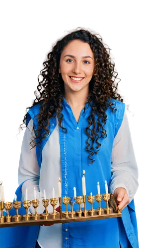 Jewish woman, 30s, smiling, warm lighting, golden menorah, nine candles lit, blue and white decorations, festive tablecloth, traditional clothing, long curly hair, bright eyes, happy expression, holdi