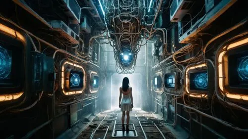 a woman standing in a futuristic area looking at some lights,cyberia,sci fiction illustration,scifi,sci - fi,cortana,sci fi