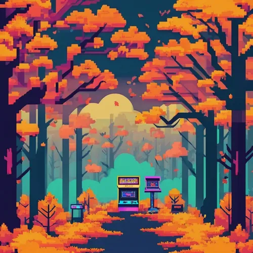 autumn camper,forest road,autumn forest,fall landscape,campsite,road forgotten,small camper,pixel art,campground,bus stop,lonely house,the road,forest path,forest,rural,mountain road,house in the forest,empty road,cabin,retro styled,Unique,Pixel,Pixel 04