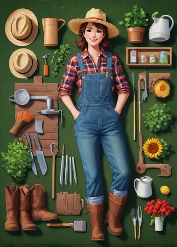 farm girl,countrygirl,farmer in the woods,farmer,lumberjack pattern,farmworker,farm set,country style,gardener,garden tools,girl in overalls,woodworker,garden work,woodsman,cooking book cover,agriculture,lumberjack,woman of straw,farmers,country dress,Unique,Design,Knolling