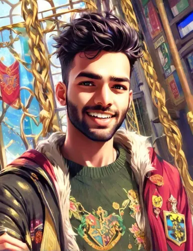 Harry Potter, Handsome, Athletic, Smiling, Looking at me, full costume,diwali banner,edit icon,miguel of coco,male character,male elf,virat kohli,aladdin,disney character,aladin,pakistani boy,city ​​p