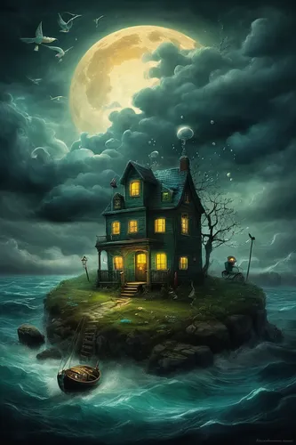 Create a poem about the calming effects of medication on a stormy night.,witch house,witch's house,lonely house,haunted house,the haunted house,house with lake,house by the water,house of the sea,fish