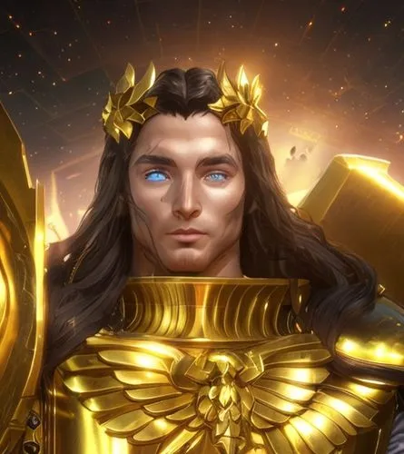 a man long-haired and businesslike, with shining eyes and golden armor, in a heterogeneous space. ,paladin,golden mask,poseidon god face,golden crown,archangel,argus,emperor,gold mask,lokportrait,horu