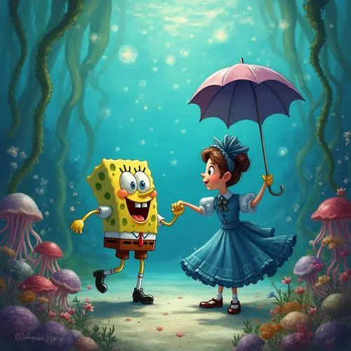 under sea,hillenburg,under the sea,kids illustration,walking in the rain,house of sponge bob,underwater background,cute cartoon image,romantic scene,fairytale characters,children's background,spongelike,serenade,squarepants,little boy and girl,pomponia,dancing couple,spongers,sponge bob,sponsons,Conceptual Art,Oil color,Oil Color 04