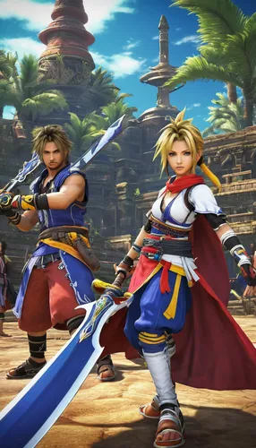 Final Fantasy X protagonist, Tidus, standing pose, determined expression, blue and white outfit, iconic sword, Blitzball player, fantasy armor, Yuna, summoner, elegant dress, long braid, staff, Auron,